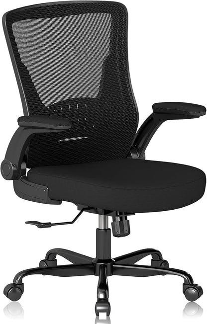 Ergonomic Office Chair – Comfy Mesh Desk Chair with Flip-Up Armrests & Smooth-Rolling Caster, Adjustable Height Home Computer Chair, Breathable & Supportive for Long Hours Sitting