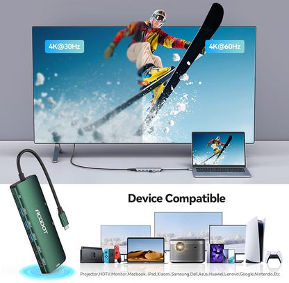 USB C Hub, 9-in-1 Multi-Port USB Adapter, 4K@60Hz HDMI, 100W Max PD, 3 USB3.0(5Gbps) + 2 USB2.0 Data Ports, SD/TF Card Reader for MacBook, iPad Pro, Dell, HP, Lenovo, Windows Laptop, Green