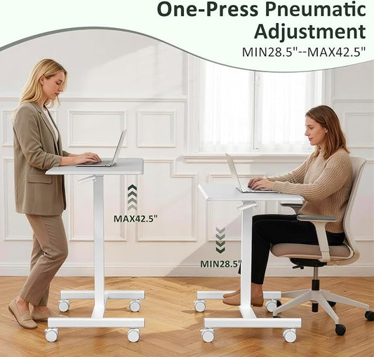 Mobile Standing Desk Adjustable Height, Rolling Sit-Stand Laptop Desk with Lockable Casters, Portable Compact Computer Table for Home Office Dorm, White