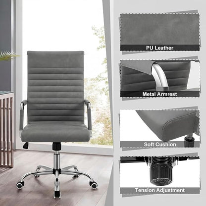 Shahoo Ribbed Office Chair, Mid-Back PU Leather Office Chair Executive Task Chair with 360° Swivel Wheels for Conference Room, Home Offices (Bicolor Vintage Grey)