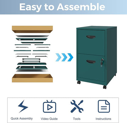 UNICOLY 2 Drawer File Cabinet with Lock, Filing Cabinets with Wheels, Rolling File Cabinets for Home Office, Metal Office File Cabinet, Mobile Filing Cabinet for Holding Letters and File Boxes, Green
