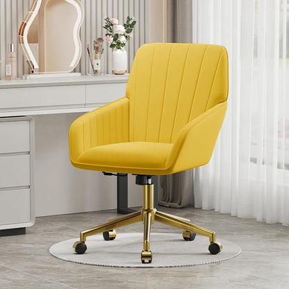 YISHENG Velvet Office Desk Chair with Gold Base, with Wheels,Modern Height Adjustable 360 Degree Swivel Upholstered Vanity Chairs with Arms for Living Room Bedroom.Yellow