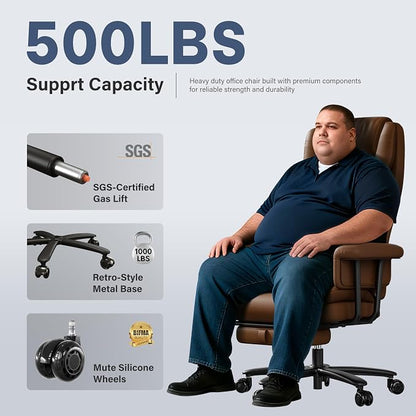 Executive Office Chair Big and Tall 500LBS, 165° Reclining Heavy Duty Office Chair with Footrest & Quiet Rubber Wheels, Height Adjustable, Soft Strong Padded Arms, Brown