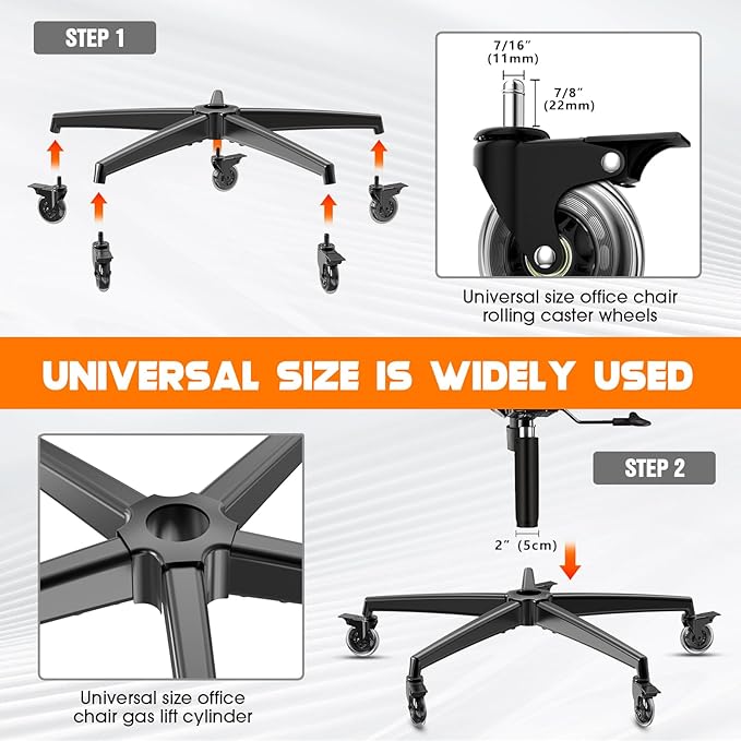 Office Chair Base Replacement (3300 lbs) - Heavy Duty Alloy Office Chair Base Replacement, Reinforced Metal Legs, Universal Cylinder and Caster Sockets (Black)