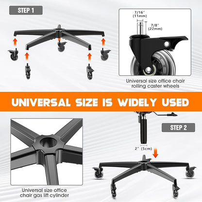 Office Chair Base Replacement (3300 lbs) - Heavy Duty Alloy Office Chair Base Replacement, Reinforced Metal Legs, Universal Cylinder and Caster Sockets (Black)