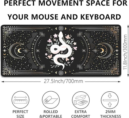 Mysterious Starry Sky Moon and White Snake Pattern Large Extended Gaming Mouse Pad E-Sports Office Desk Mat Keyboard Pad Rubber Non-Slip Computer Mouse Mat Suitable for Home Office Work(27.5X11.8 in)