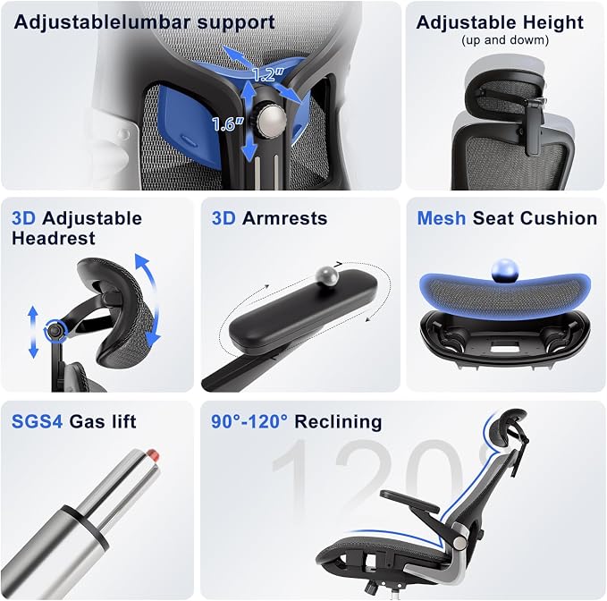 marrap Ergonomic Office Chair, Mesh Seat Cushion with 3D Armrests and 3D Headrest, Adjustable Lumbar Support with 90-120° Rocking Function for Home Office, Black