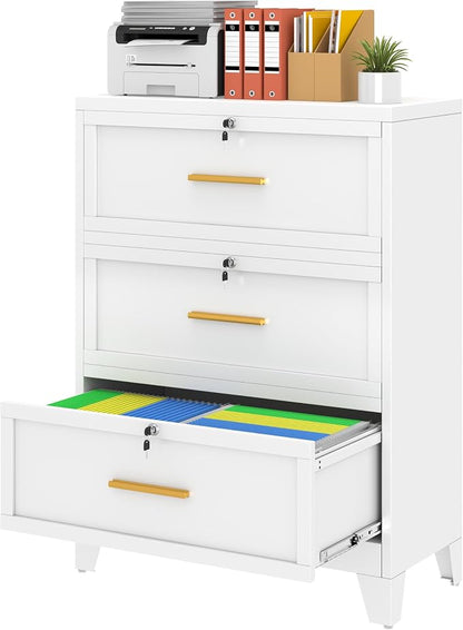 erosoei 3 Drawer File Cabinet with Lock, Metal Lateral File Cabinets for Home Office, Steel Wide Filing Organization Storage Cabinets, Home Office Furniture for Hanging Files Letter/Legal/F4/A4 Size