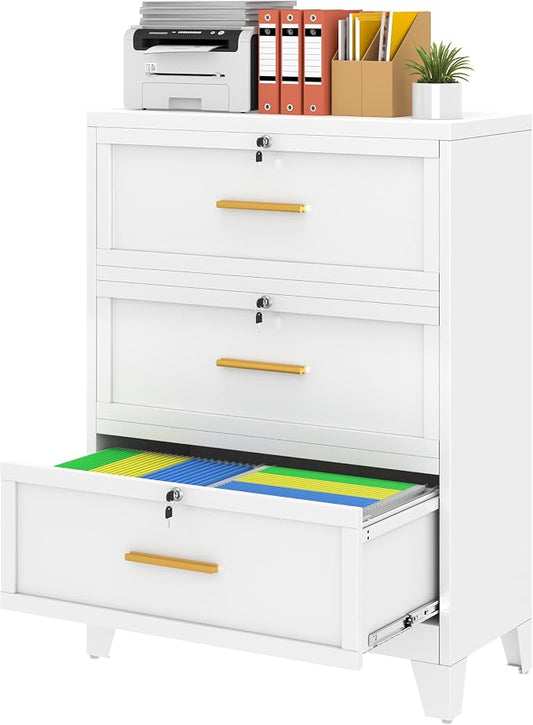 erosoei 3 Drawer File Cabinet with Lock, Metal Lateral File Cabinets for Home Office, Steel Wide Filing Organization Storage Cabinets, Home Office Furniture for Hanging Files Letter/Legal/F4/A4 Size