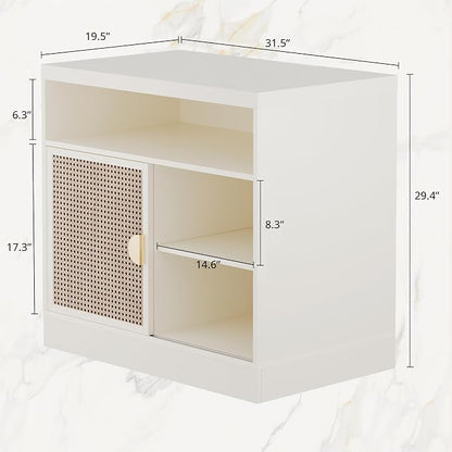 ModernMate Modern Wood Accent Cabinet with Sliding Door, Adjustable Open Shelves & Gold Handle Storage Cabinet for Home Office, 31W*20D*29H, White Rattan