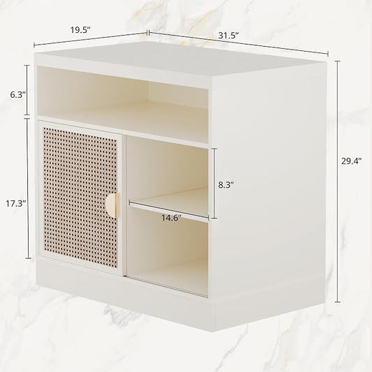 ModernMate Modern Wood Accent Cabinet with Sliding Door, Adjustable Open Shelves & Gold Handle Storage Cabinet for Home Office, 31W*20D*29H, White Rattan