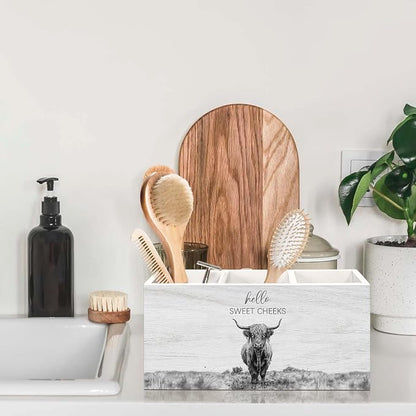 Highland Cow Gifts Pen Holder for Bathroom, Funny Highland Cow Decor Pencil Organizer, Hello Sweet Cheeks Western Rustic Farmhouse Wooden Pen Holder Desk Accessories Decor for Bathroom