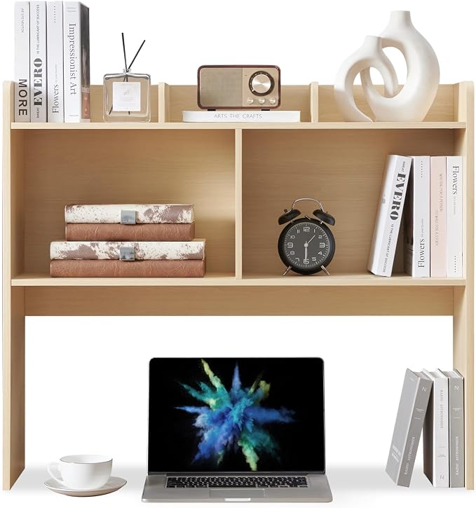 Nromant Desktop Bookshelf, Wooden Desk Storage Hutch with 5 Shelves, 3-Tier Desktop Display Organizer Rack for Office Home (Natural, 5 Shelves B)