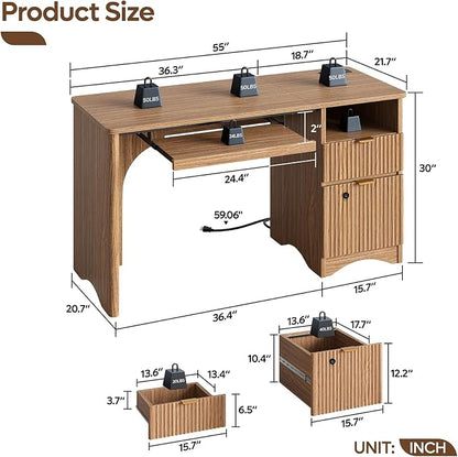 Bestier 55 Inch Wood Computer Desk with Fingerprint Lockable Drawers and Keyboard Tray,Modern Home Office Desk with File Drawer & Charging Station, Oak Wooden Desk for Work, Brown