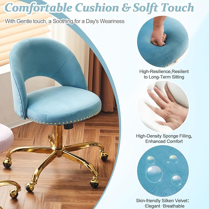 VINGLI Modern Velvet Small Office Chair,Cute Desk Chair with Wheels,Gold Base/Studs, Comfy Armless Swivel Vanity Task Chair for Women/Girl/Kids, Nail Tech Chair for Bedroom,Small Space,Cruising Blue