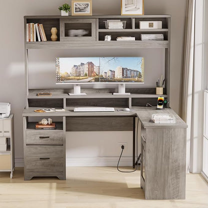 Bestier Farmhouse 63" L Shaped Desk with Hutch, Wood Computer Desk with Drawers, Charging Station, LED Light, Fluted Sliding Door Cabinet, Monitor Stand, Executive Desk for Home Office, Grey