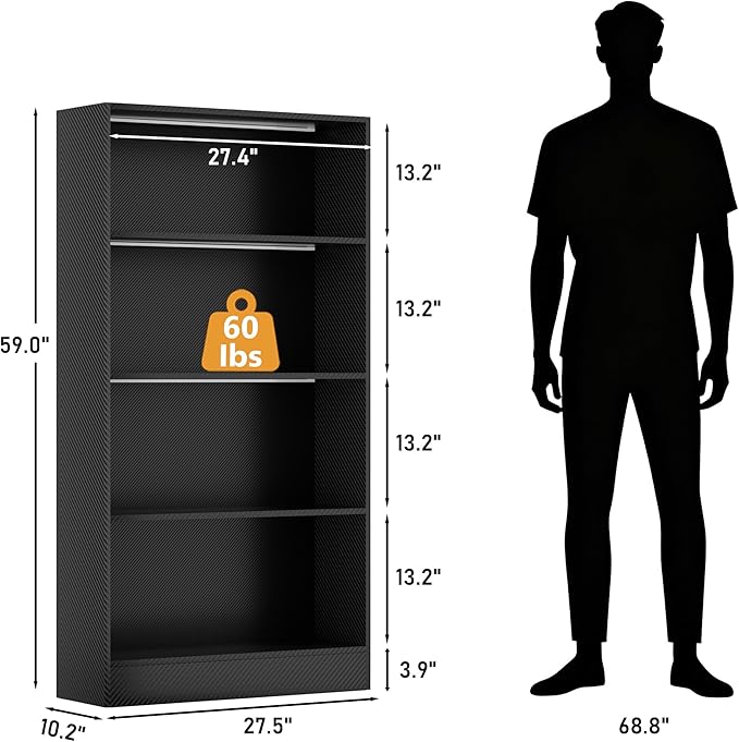 CODACE Tall Wooden Black Bookshelf - Display Shelf with LED Lights, Lighted Book Shelf with 4-Tier Shelves,Large Display Bookshelves for Collectibles, Modern Bookcase for Bedroom, Living Room, Office