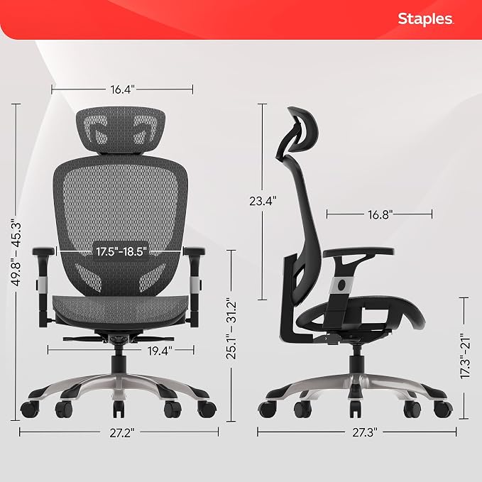 STAPLES Ergonomic Task Chair, Mesh, Ergonomic, Lumbar Support, Swivel, Gray