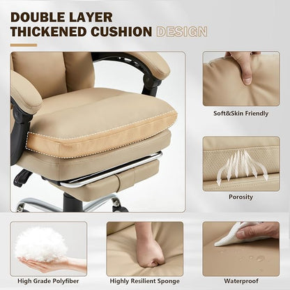 HOMREST Ergonomic Office Chair, Khaki | 6-Point Massage & Heating, Adjustable Executive Design, Retractable Footrest, Dual-Layer Soft Cushion, PU Leather