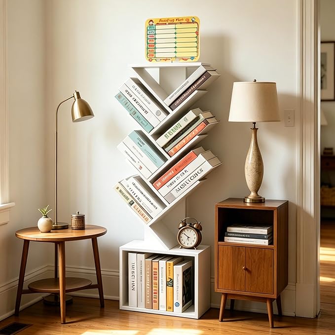 7 Tier Tree Book shelf, Small Bookcase with Reading Planner and Activity Panel, Modern Floor Standing Corner Tall Narrow Storage Cabinet Bookshelves for Home Office Bedroom Living Room (White)