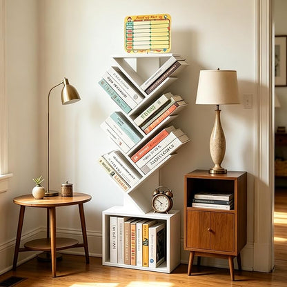7 Tier Tree Book shelf, Small Bookcase with Reading Planner and Activity Panel, Modern Floor Standing Corner Tall Narrow Storage Cabinet Bookshelves for Home Office Bedroom Living Room (White)
