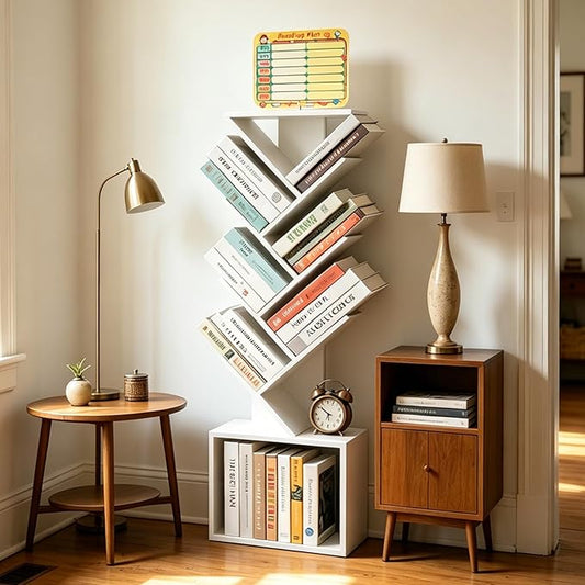 7 Tier Tree Book shelf, Small Bookcase with Reading Planner and Activity Panel, Modern Floor Standing Corner Tall Narrow Storage Cabinet Bookshelves for Home Office Bedroom Living Room (White)