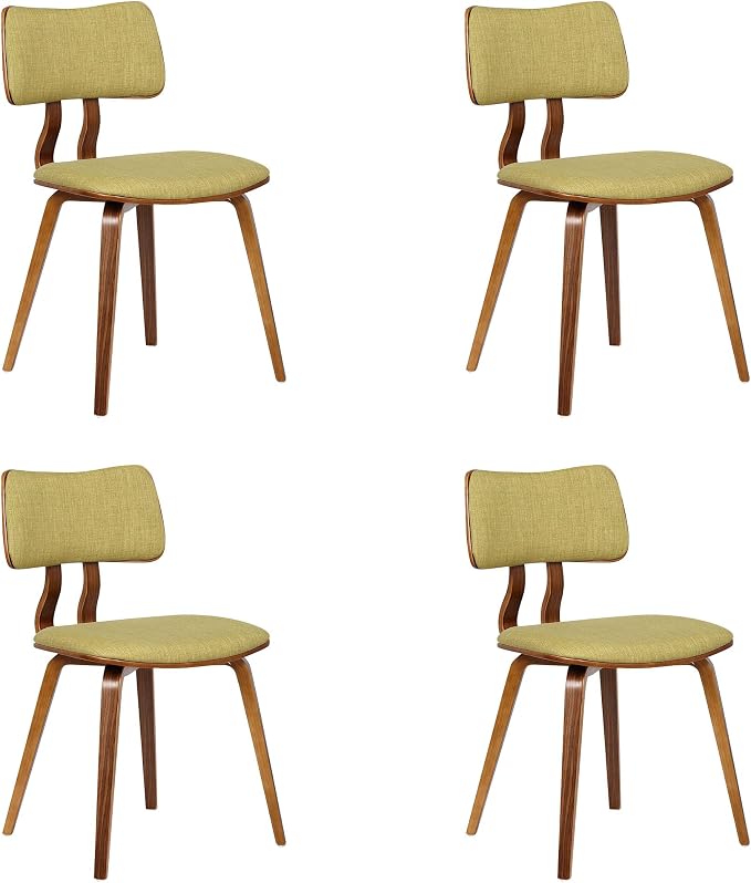 Armen Living Jaguar Mid-Century Dining Chair in Walnut Wood and Green Fabric - Set of 4