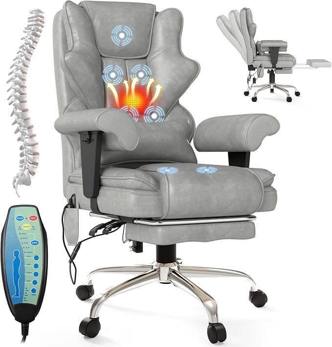 7-Point Massage Office Chair,Heated Manageral Chair,Ergonomic Executive Chair with Footrest,Adjustable Armrest，Computer Chair for Offices, Study Room, Gaming Spaces,Gray
