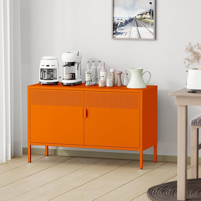 Chshin Metal Storage Cabinet with Doors,Orange Accent Cabinet,Metal Locker Storage Cabinets,2 Door TV Media Stand with Removable Shelves for,Home,Office,Entryway,Living Room