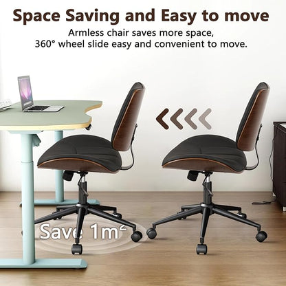 CLATINA Office Chair Armless with Wheels, Mid-Century Modern Walnut Desk Chair, Adjustable Height Reading Chair, PU Leather Mid Back & Swivel Computer Chairs for Home Meeting Room Bedroom, Black(1 PK)
