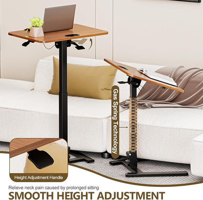 25 Inch Mobile Foldable Standing Desk, 180 Degree Tiltable Portable Rolling Laptop Table, Height Adjustable Sit-Stand Desk with Wheels, No Assembly Computer Workstation for Home Office, Brown