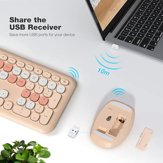 MOFii Wireless Computer Keyboard and Mouse Set, Colorful Full Size Keyboard with Number Pad and Silent Mouse for PC Desktop Windows (Milk Tea)