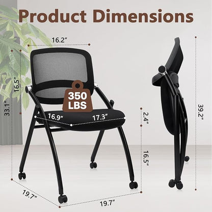 CLATINA Stackable & Foldable Conference Chair with Wheels, Ergonomic Mesh Back,300lbs Capacity, Breathable Padded Seat, Armless Office Chair for Reception, Training, Home Office, Black, 4PK