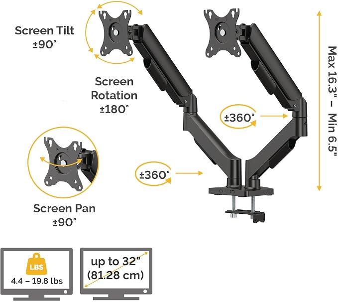 Fellowes Everyday Plus Dual Gas Spring Monitor Arm Holds Two Screens up to 32" Weighing 4.4-19.84 lbs ea, Height Adjusting, Tilt, Swivel, Rotate, VESA 75/100, Clamp or Grommet Mount, Cable Management