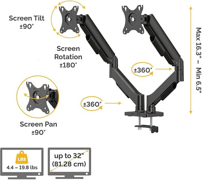 Fellowes Everyday Plus Dual Gas Spring Monitor Arm Holds Two Screens up to 32" Weighing 4.4-19.84 lbs ea, Height Adjusting, Tilt, Swivel, Rotate, VESA 75/100, Clamp or Grommet Mount, Cable Management
