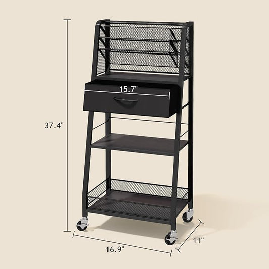 Homsorout 3 Tier Rolling Cart - Metal Utility Cart with Storage Drawer and Wheels, Versatile Art & Craft Organizer for Home, Office, or Studio - Ideal for Storing Brushes, Paints, and Supplies（Black）