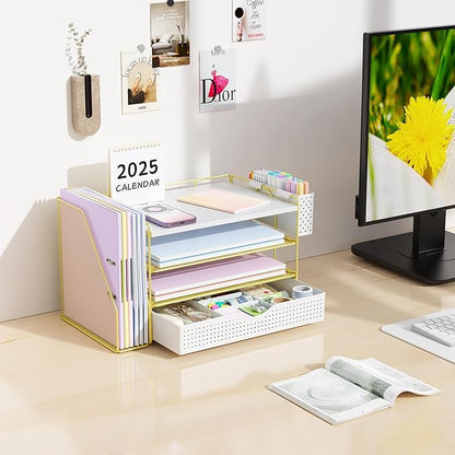 gianotter Wood Desk Organizers and Accessories with File Holder, 4-Tier Desk Accessories & Workspace Organizers with Drawer and Pen Holder, Desk Reference Organizer (Gold, 4T with Drawer)
