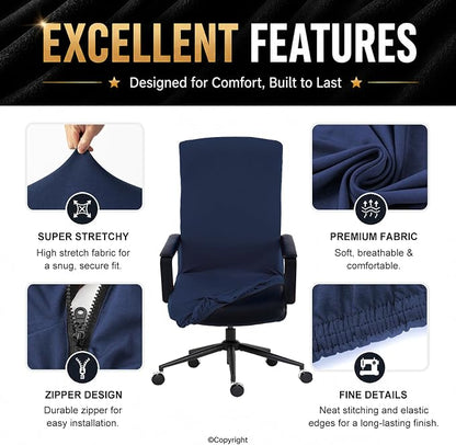 Stretch Computer Office Chair Cover with Durable Zipper - Universal Washable Removable Spandex Rotating Boss Chair Slipcovers - Anti-dust Desk Chair Seat Protector for Dogs, Cats, Pets (Navy)