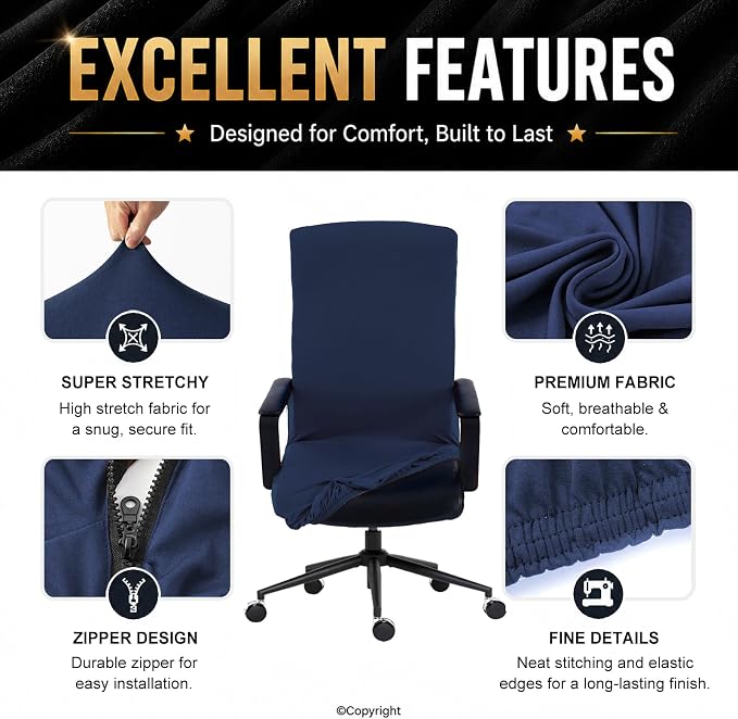 DIVA EN CAMINO DEC Universal Office Chair Cover with Durable Zipper, Soft Stretch Slipcover for High Back Chair, Navy