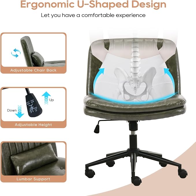 IPKIG Criss Cross Chair, Small Armless Desk Office Computer Chair with Wheels and Lumbar Pillow, Comfy Adjustable Swivel Task Vanity Chair Faux Leather, Green