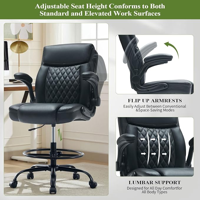 Drafting Chair Tall Office Chair for Standing Desk, Ergonomic Tall Desk Chair with Adjustable Foot Ring, Flip-Up Armrests, Lumbar Support, Comfortable Leather Seat – Ideal for Home and Office Use