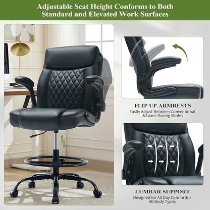 Drafting Chair Tall Office Chair for Standing Desk, Ergonomic Tall Desk Chair with Adjustable Foot Ring, Flip-Up Armrests, Lumbar Support, Comfortable Leather Seat – Ideal for Home and Office Use