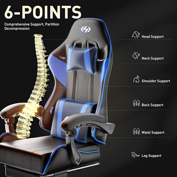 HLDIRECT Gaming Chair, Ergonomic Computer Office Chair with Lumbar Support Footrest Headrest, Adjustable Height & Backrest Angle Video Gamer Chair, PU Leather, 360° Swivel, Adult (Black&Blue)