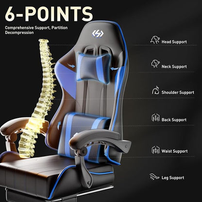 HLDIRECT Gaming Chair, Ergonomic Computer Office Chair with Lumbar Support Footrest Headrest, Adjustable Height & Backrest Angle Video Gamer Chair, PU Leather, 360° Swivel, Adult (Black&Blue)