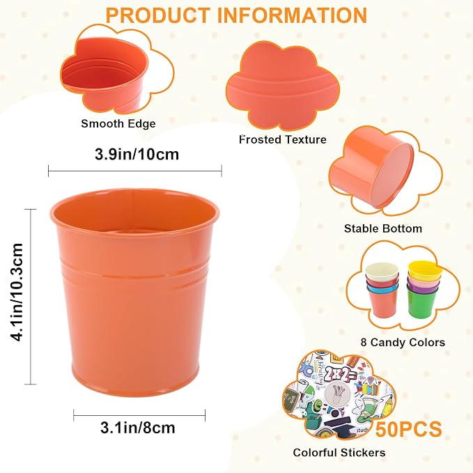 8 Pcs Colorful Metal Pen Holder, Desktop Pencil Cups with School Theme Sticker, Mini Pencil Bucket Makeup Brush Storage Organizer, Crayon Organizer for Classroom Office Home Stationery Supply
