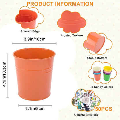 8 Pcs Colorful Metal Pen Holder, Desktop Pencil Cups with School Theme Sticker, Mini Pencil Bucket Makeup Brush Storage Organizer, Crayon Organizer for Classroom Office Home Stationery Supply