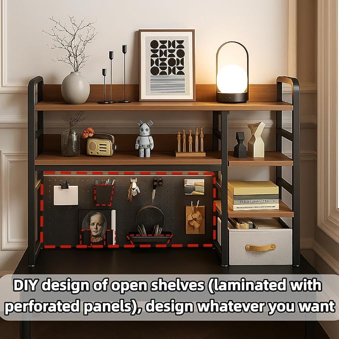 Desktop Bookshelf, pegboard Storage and Organization Rack, Dorm Desk Shelf, Desk Hutch, Desktop Storage for Office, Study, Student Display Rack,Desktop Shelves (Black+Walnut 45.3" Lx9.9 Wx37 H)