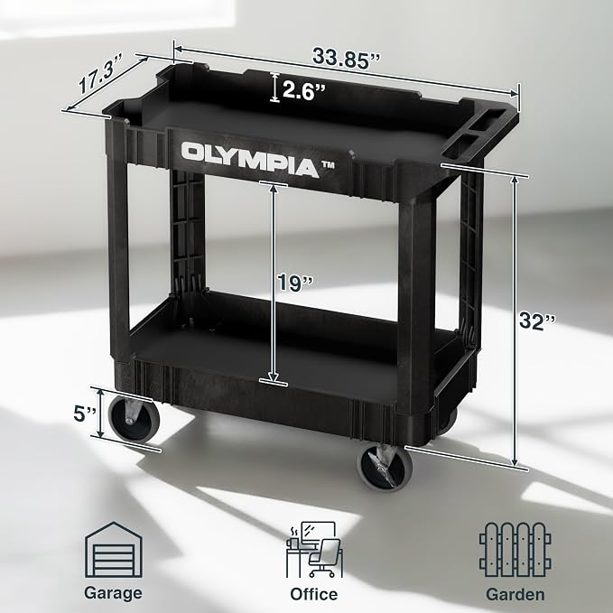 Olympia Tools 2 Shelf Black Rolling Utility Cart - Supports Up to 500 lbs, Comfort Handle - Heavy Duty Carts with Wheels - Great for Warehouse, Garage, Manufacturing, Cleaning