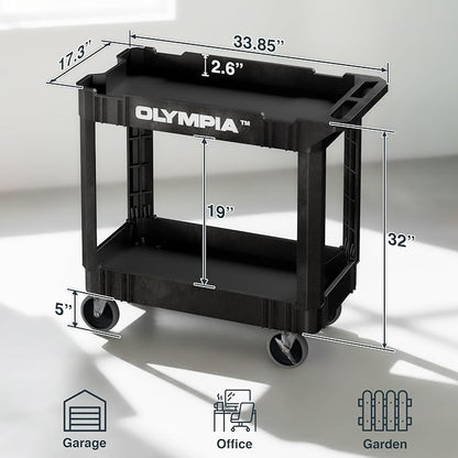 Olympia Tools 2 Shelf Black Rolling Utility Cart - Supports Up to 500 lbs, Comfort Handle - Heavy Duty Carts with Wheels - Great for Warehouse, Garage, Manufacturing, Cleaning