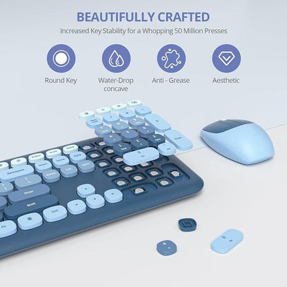 Surmen Cute Colorful Keyboard and Mouse Wireless Silent, Full-Size Retro Typewriter Wireless Quiet Slim Keyboard Low-Noise 2.4GHz for Computer, Desktop, Laptop(6-Ocean Blue)